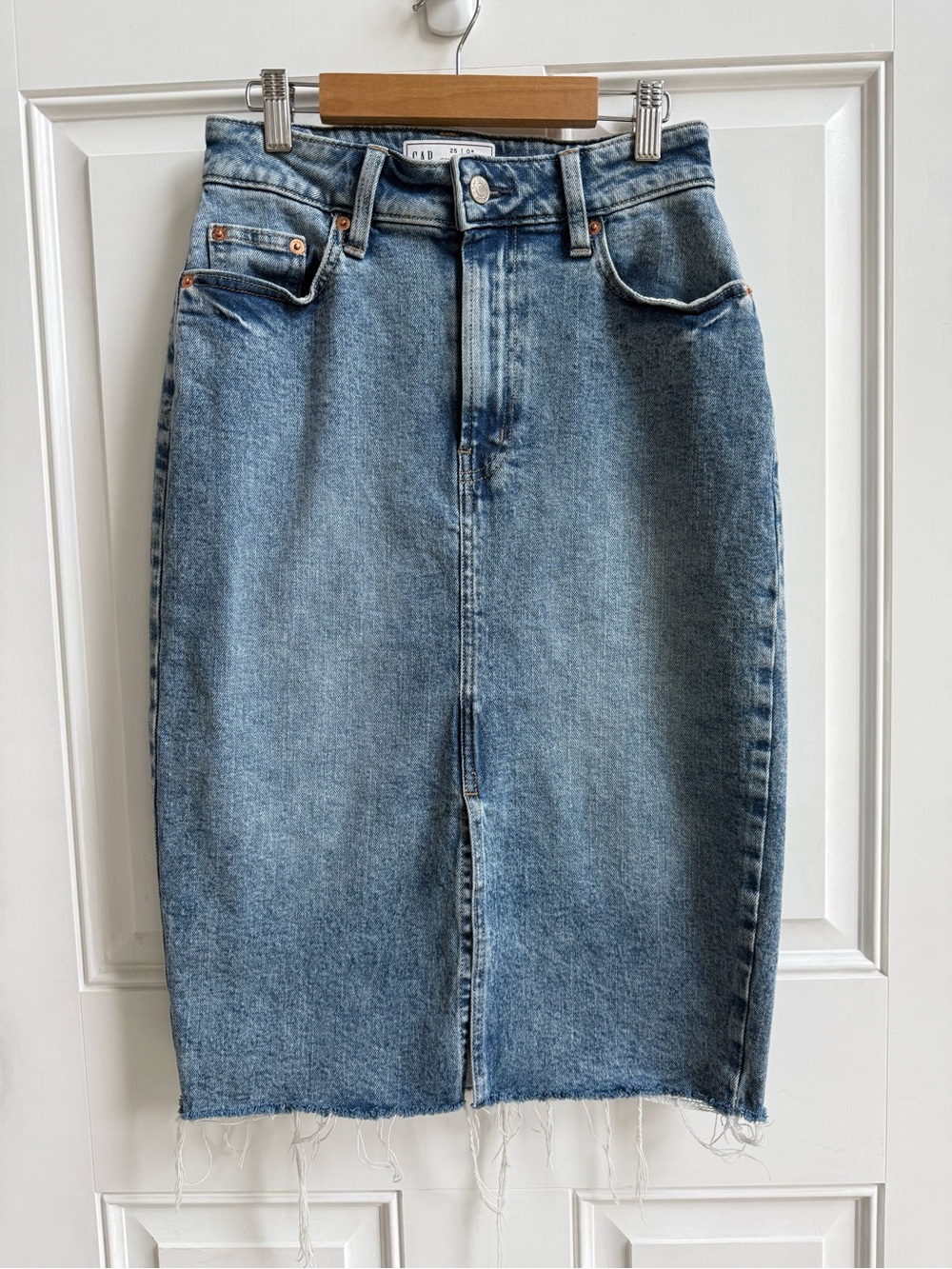Gap Iconic Denim Midi Pencil Skirt with front split distressed fringe